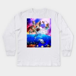 Rainbow Galaxy Cat Riding Shark In Space Kids Long Sleeve T-Shirt